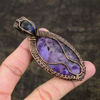 Подвеска из медной проволоки с натуральным шалфейным аметистом и лабрадоритом, 3,35 дюйма, D9n01