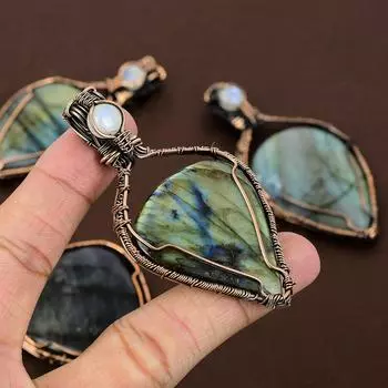 Подвеска из медной проволоки с натуральным лабрадоритом и лунным камнем, 2,99 дюйма b0K31