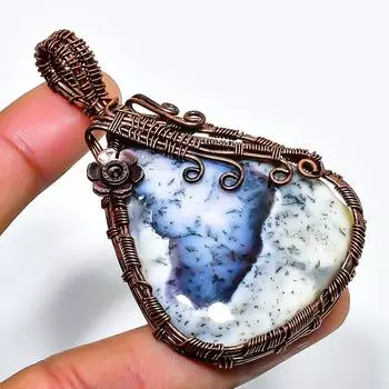 Подвеска из медной проволоки с опалом и дендритом, ручная работа, 2,56 дюйма 2.56 белый