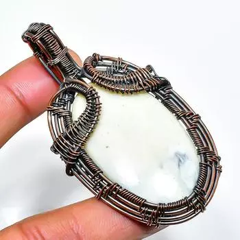 Подвеска из медной проволоки с опалом и дендритом, ручная работа, 2,56 дюйма 2.56 белый