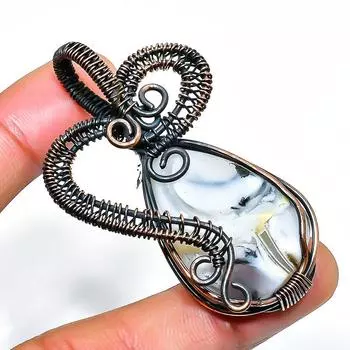 Подвеска из медной проволоки с опалом и дендритом, ручная работа, 2,17 дюйма 2.17 белый