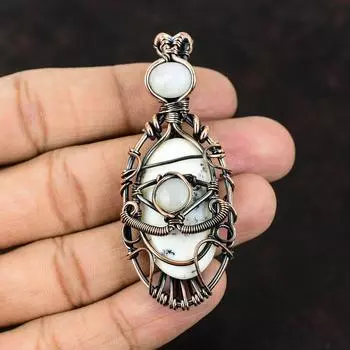 Подвеска из медной проволоки с опалом и дендритом от сглаза, драгоценный камень, медные украшения, дизайнерская подвеска ручной работы, радужный лунный камень, подарочный кулон от сглаза