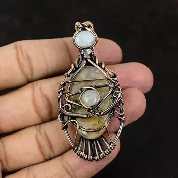 Подвеска из медной проволоки с перьями от сглаза и агатом, лунный камень, медные украшения, подвеска ручной работы, подвеска из лунного камня, украшения от сглаза, подарок для мамы