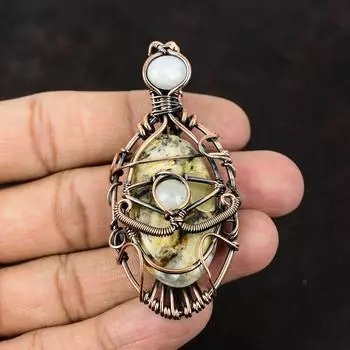 Подвеска из медной проволоки с перьями от сглаза и агатом, лунный камень, медные украшения, кулон ручной работы, дизайнерский кулон, украшения от сглаза, подарок для матери