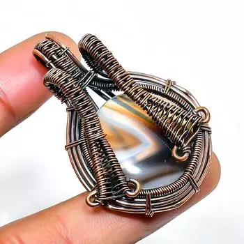 Подвеска из медной проволоки с полосчатым агатом и драгоценным камнем, ручная работа, 1,77 дюйма 1.77 чёрный