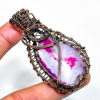 Подвеска из медной проволоки с розовым срезом драгоценного камня друзы, ручная работа, 2,36 дюйма 2.36 розовый