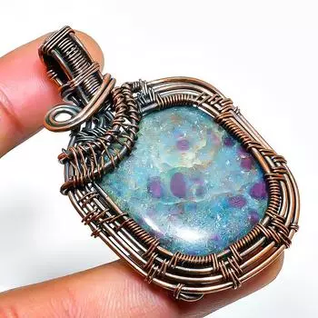 Подвеска из медной проволоки с рубиновым фукситом и драгоценным камнем 2,17 дюйма 2.17 зелёный