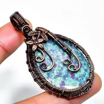 Подвеска из медной проволоки с рубиновым фукситом и драгоценным камнем 2,17 дюйма 2.17 зелёный