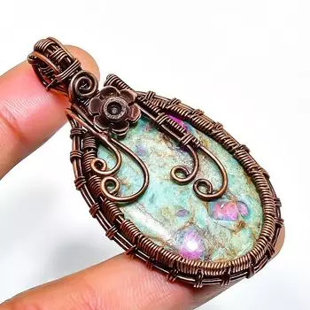 Подвеска из медной проволоки с рубиновым фукситом и драгоценным камнем 2,17 дюйма 2.17 зелёный