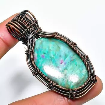 Подвеска из медной проволоки с рубиновым фукситом и драгоценным камнем 2,17 дюйма 2.17 зелёный