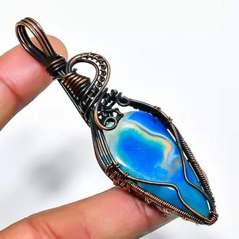 Подвеска из медной проволоки с синим кружевным агатом и драгоценным камнем, ручная работа, 3,15 дюйма 3.15 синий