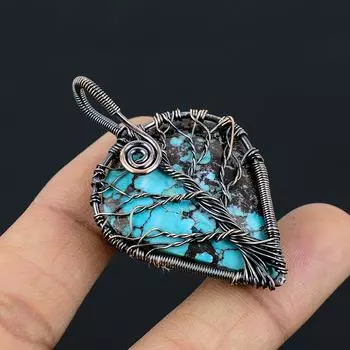 Подвеска из медной проволоки с тибетским бирюзовым камнем и натуральным древом жизни, 2,2 дюйма, e4a97