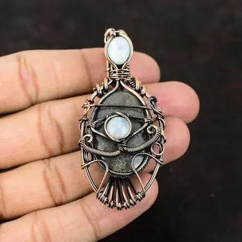 Подвеска из медной проволоки ската с дурным глазом, драгоценный камень, обернутый в медную проволоку, ювелирное изделие с лунным камнем, кулон с дурным глазом, ручная работа, женский кулон, подарок