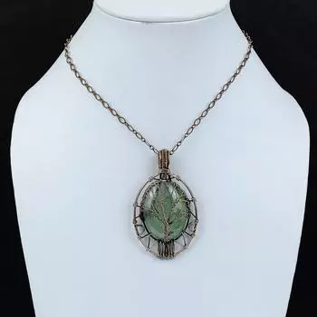 Подвеска из мха «Дерево жизни» с пренитом, медная проволочная обертка, медные украшения, подвеска из настоящего драгоценного камня, обернутая в проволоку, свадебный подарок