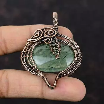 Подвеска из мха и пренита, подвеска из медной проволоки, ручная работа, подвеска из настоящего драгоценного камня, ювелирное изделие, обернутое медной проволокой, уникальный кулон, подарок для жены