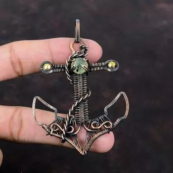 Подвеска из мха-пренита, медная проволока, обернутая подвеска, подвеска с драгоценным камнем, якорь, дизайнерская подвеска, медные украшения ручной работы, подвеска в стиле бохо, подарок для нее