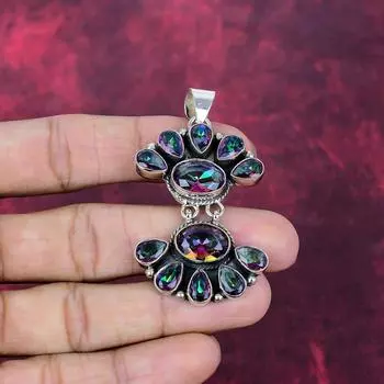 Подвеска из мистического топаза из стерлингового серебра 925 пробы, Ювелирные изделия из драгоценных камней ручной работы, На День памяти 2.44 Inches