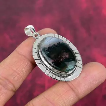 Подвеска из мохового агата, ювелирные изделия из драгоценных камней, подвеска из стерлингового серебра 925 пробы, подарок для женщин, подвеска ручной работы 1.96 Inches чёрный