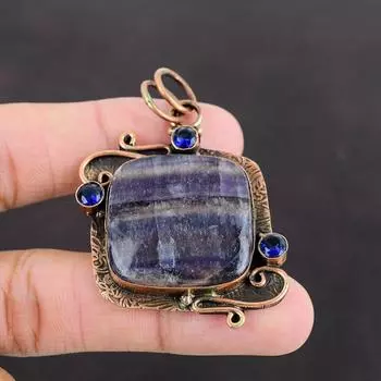 Подвеска из мультифлюорита Подвеска из танзанита и кварца Подвеска из меди Ювелирные изделия ручной работы Подвеска из драгоценных камней Дизайнерские медные украшения Окисленная подвеска