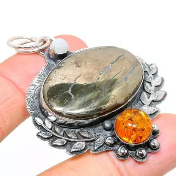 Подвеска из натурального агата-пирита, янтаря, стерлингового серебра 925 пробы, 2,36 дюйма, F5O67