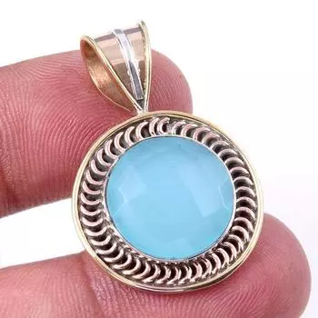 Подвеска из натурального аквамаринового халцедона из цельного серебра 925 пробы в двух тонах 1,25 дюйма F4W81