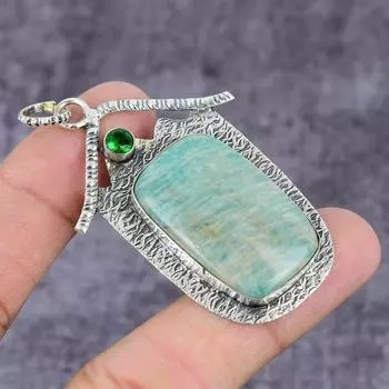 Подвеска из натурального амазонита и диопсида ручной работы из стерлингового серебра 925 пробы 2,37 дюйма E0t47