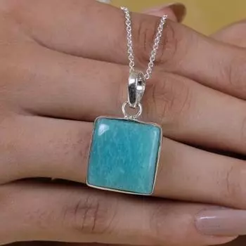 Подвеска из натурального амазонита с цепочкой, кольцо из стерлингового серебра 925 пробы, подвеска ручной работы Free Size синий
