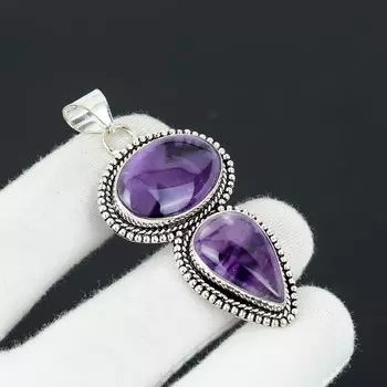 Подвеска из натурального аметиста, стерлингового серебра 925 пробы, ручная работа, подвеска с двумя камнями, праздничный подарок для нее, ювелирные изделия для особых случаев 2.75 фиолетовый