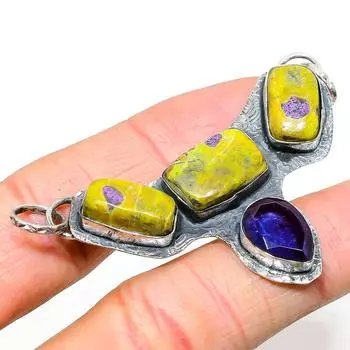 Подвеска из натурального атлантисита, аметиста, стерлингового серебра 925 пробы, 1,77 дюйма, f5W33