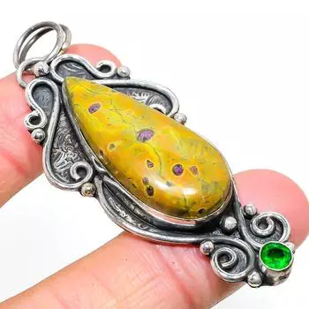 Подвеска из натурального атлантисита, диопсида, стерлингового серебра 925 пробы, 2,84 дюйма, J9o25