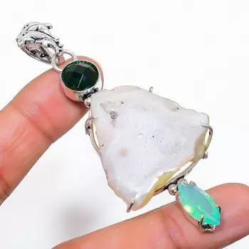 Подвеска из натурального белого солнечного кварца ручной работы из стерлингового серебра 925 пробы 3,15 дюйма s7B35