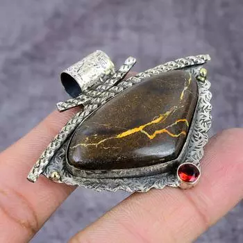 Подвеска из натурального болдерского опала и граната ручной работы из стерлингового серебра 925 пробы 2,17 дюйма C6Z49