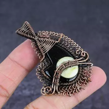 Подвеска из натурального черного оникса в виде ракушки Шивы из медной проволоки 2,44 дюйма O9D72