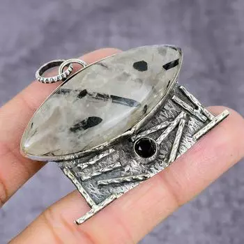 Подвеска из натурального черного рутила и шпинели из стерлингового серебра 925 пробы ручной работы 2,36 дюйма p3A54