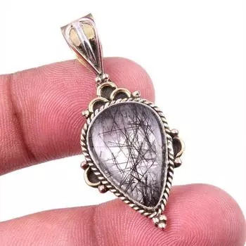 Подвеска из натурального черного рутила из стерлингового серебра 925 пробы в двухцветном цвете 1,50 дюйма l0K48