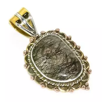 Подвеска из натурального черного рутила из двухцветного стерлингового серебра 925 пробы 1,50 дюйма O4w96