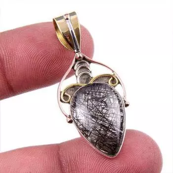 Подвеска из натурального черного рутила из стерлингового серебра 925 пробы в двух тонах 1,5 дюйма V2Q91