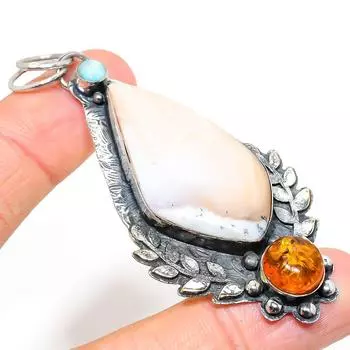 Подвеска из натурального дендрита, опала, янтаря, стерлингового серебра 925 пробы, 3,03 дюйма, j8W70