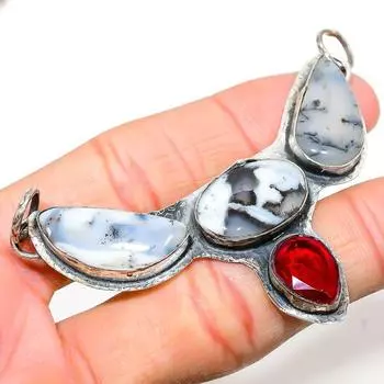 Подвеска из натурального дендритового опала, граната, стерлингового серебра 925 пробы, 2,36 дюйма, W4i85