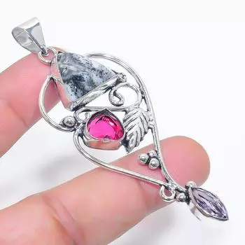 Подвеска из натурального дендритового опала и аметиста из стерлингового серебра 925 пробы 3,15 дюйма Z6c29