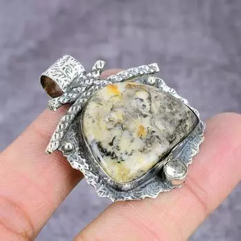 Подвеска из натурального дендритового опала и топаза ручной работы из стерлингового серебра 925 пробы 2,17 дюйма O0z87