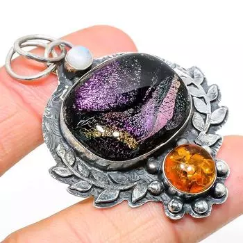 Подвеска из натурального дихроичного стекла, янтарного камня, стерлингового серебра 925 пробы, 2,21 дюйма Q5e69