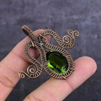 Подвеска из натурального драгоценного камня перидот ручной работы из медной проволоки 2,17 дюйма V7a21