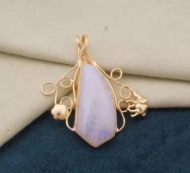 Подвеска из натурального драгоценного камня, Подвеска с покрытием из 18-каратного золота, Подвеска с радугой из лунного камня, Подвеска из лунного камня, Массивная подвеска, Лучшая идея подарка
