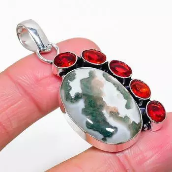 Подвеска из натурального древесного агата и граната из стерлингового серебра 925 пробы 2,17 дюйма c2i59