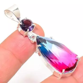 Подвеска из натурального двухцветного турмалина и аметиста из стерлингового серебра 925 пробы 2,01 дюйма a2F35