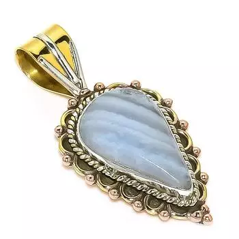 Подвеска из натурального голубого кружевного агата в двух тонах из цельного серебра 925 пробы 1,50 дюйма h9t73