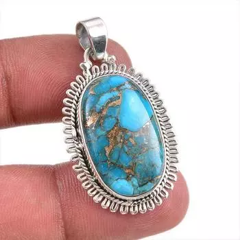 Подвеска из натурального голубого медно-бирюзового драгоценного камня из чистого серебра 925 пробы 1,75 дюйма T7Z44