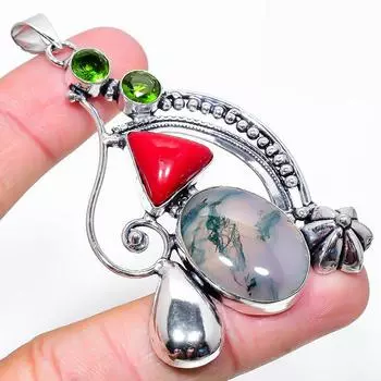 Подвеска из натурального индийского мохового агата и перидота из стерлингового серебра 925 пробы 2,96 дюйма i7z94