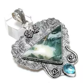 Подвеска из натурального индийского мохового агата, топаза из стерлингового серебра 925 пробы 2,60 дюйма q2z67